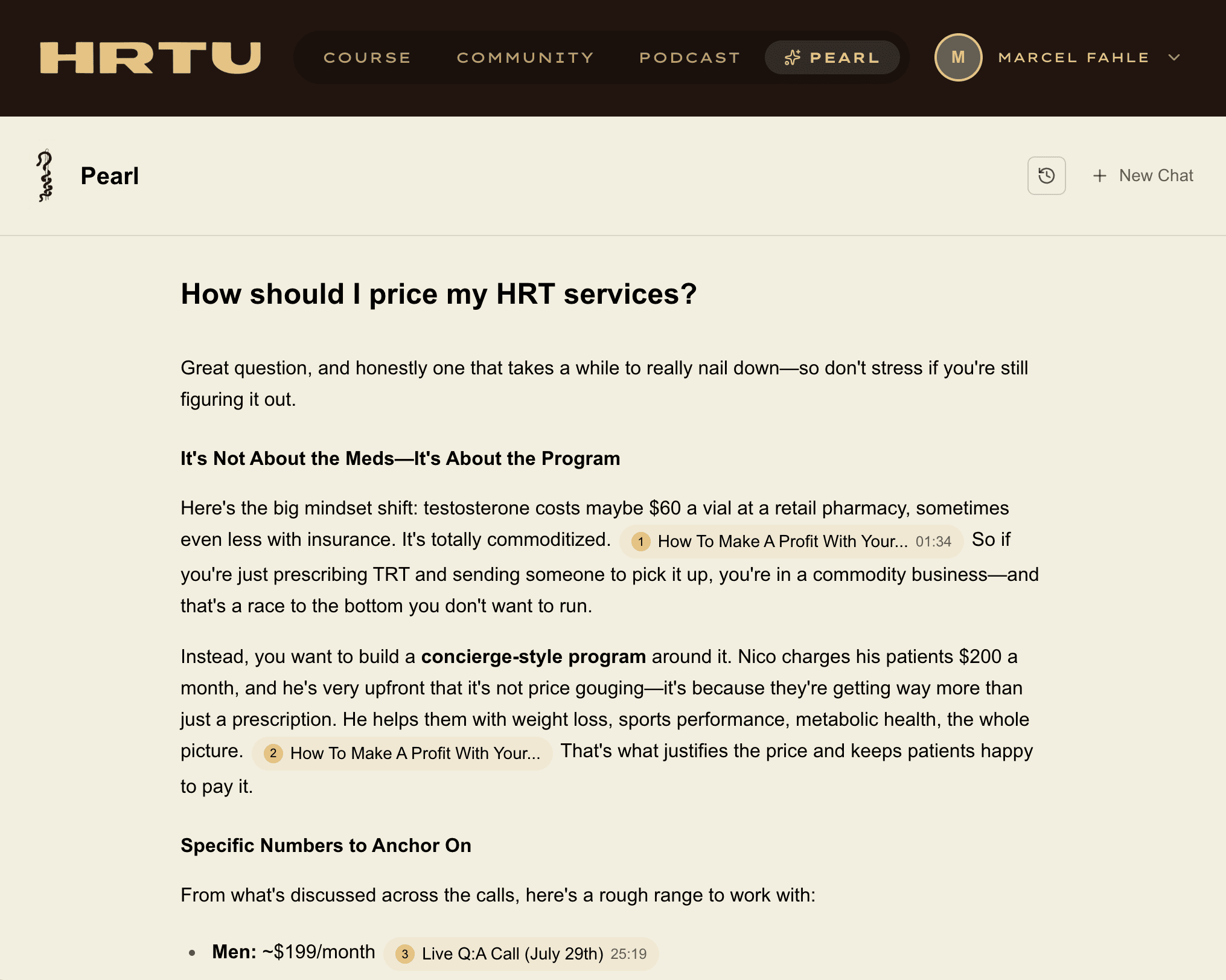 Bold AI answering a clinical question inside HRTU with cited timestamps